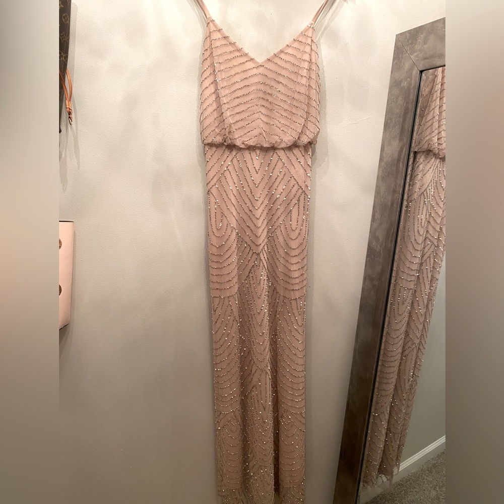 Adrianna Papell ART DECO BEADED BLOUSON GOWN IN TAUPE PINK